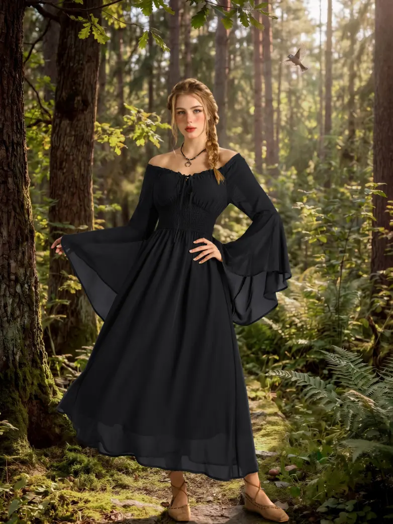 Women's Renaissance Dress Off Shoulder Bell Sleeve Maxi Dress - Image 15