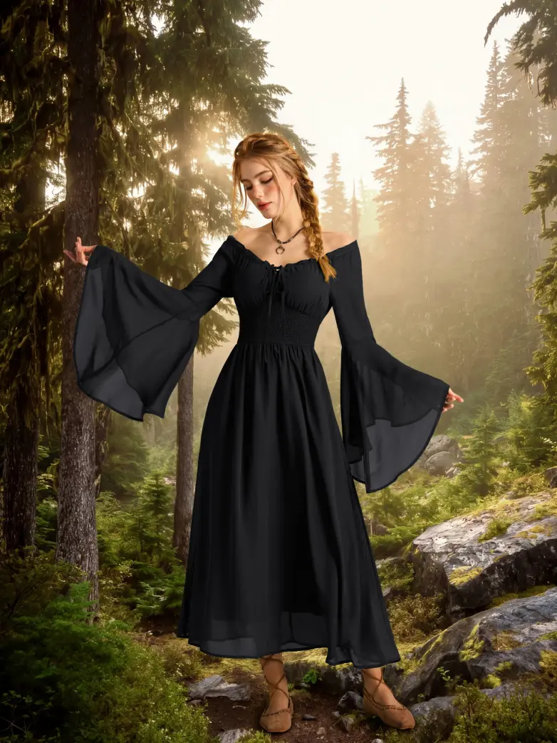 Women's Renaissance Dress Off Shoulder Bell Sleeve Maxi Dress - Image 17