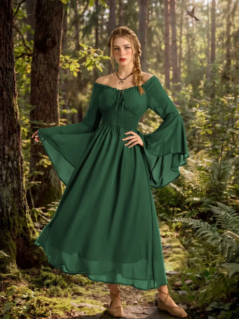 Women's Renaissance Dress Off Shoulder Bell Sleeve Maxi Dress - Image 5