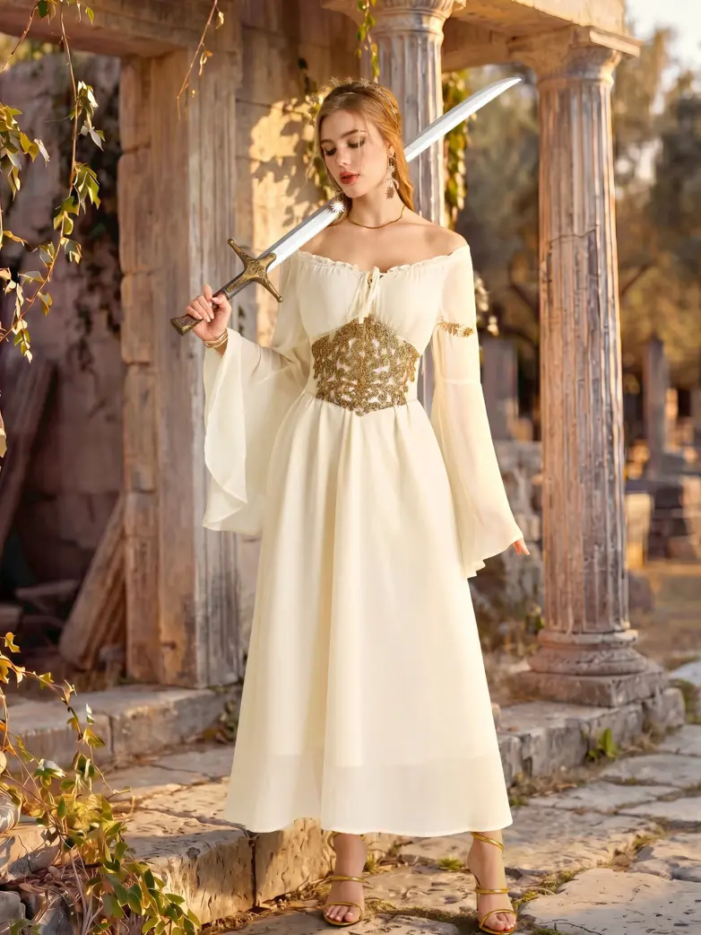 Women's Renaissance Dress Off Shoulder Bell Sleeve Maxi Dress - Image 9