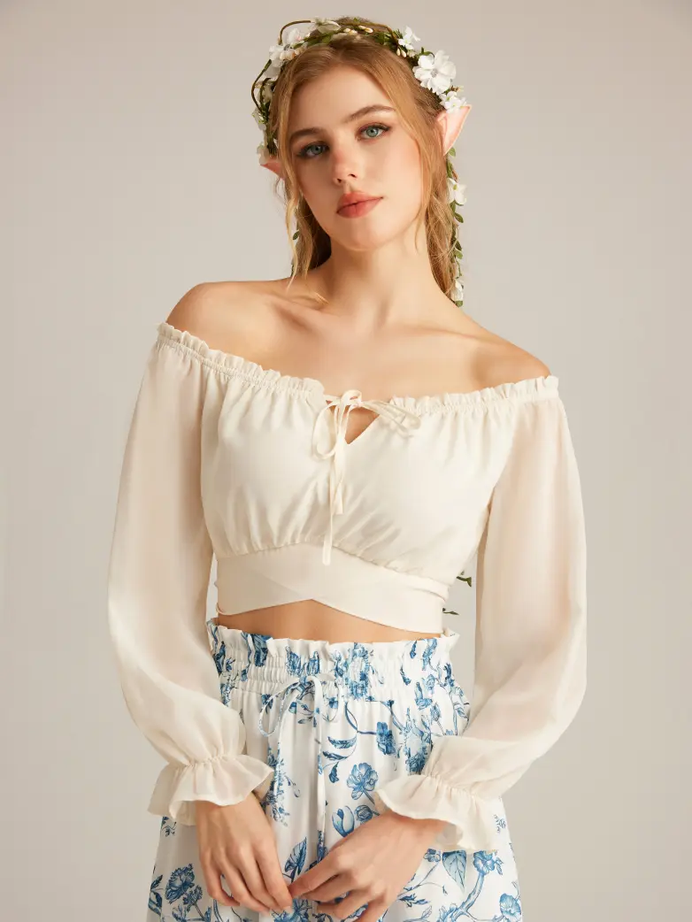 Women Renaissance Off Shoulder Cropped Length Tops - Image 2
