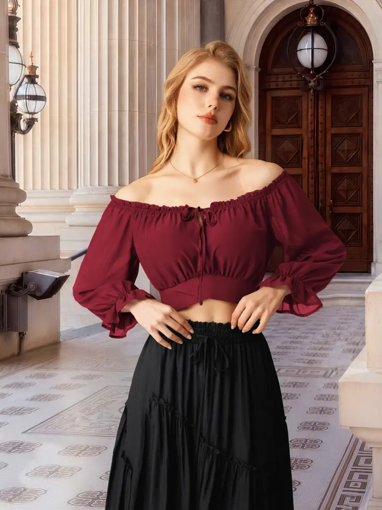 Women Renaissance Off Shoulder Cropped Length Tops - Image 7