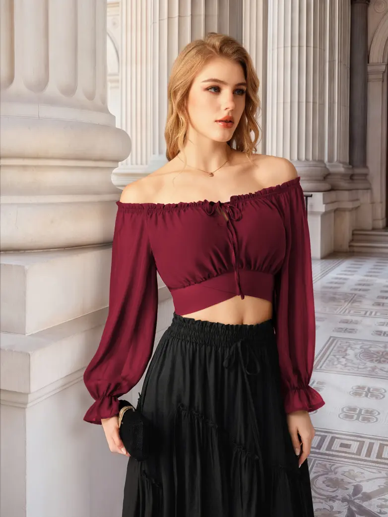 Women Renaissance Off Shoulder Cropped Length Tops - Image 9