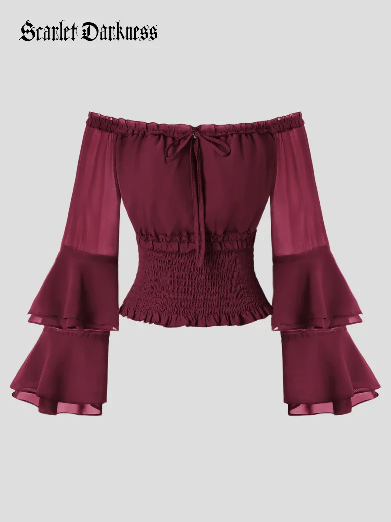 Women Renaissance Off Shoulder Smocked Waist Tops - Image 11