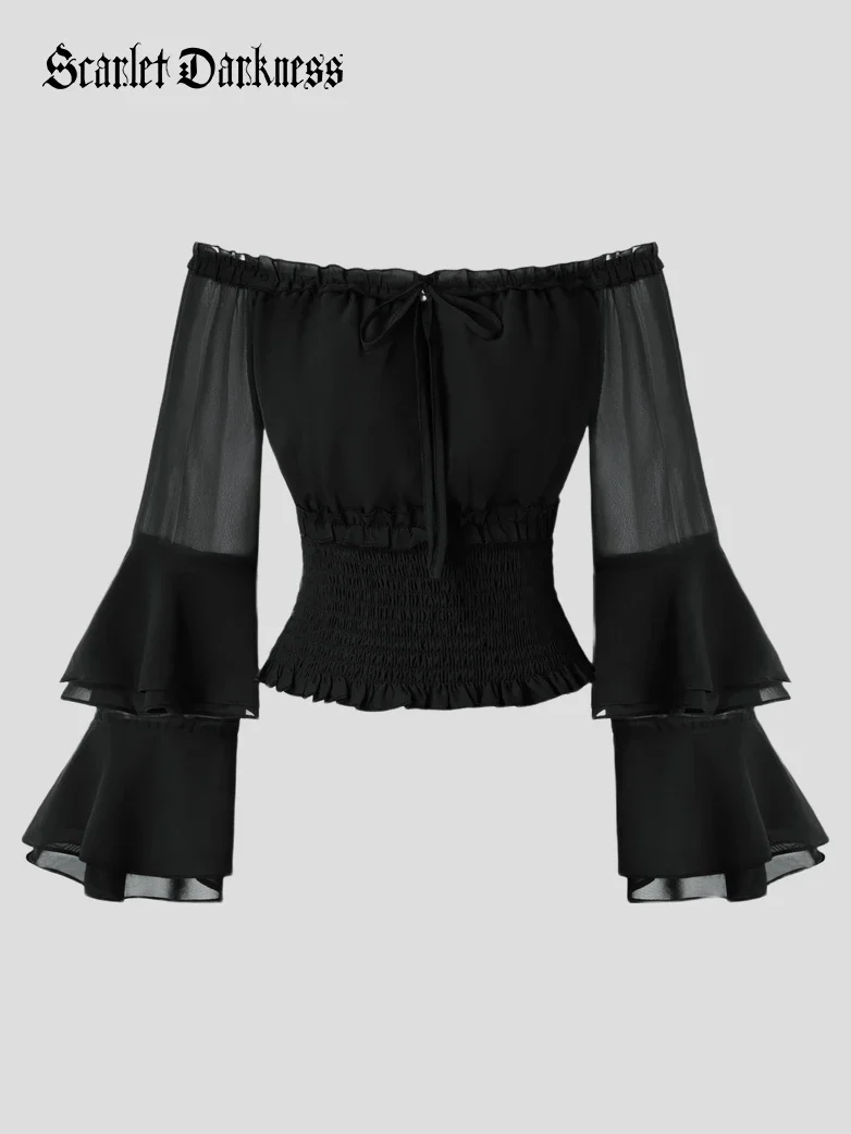 Women Renaissance Off Shoulder Smocked Waist Tops - Image 3