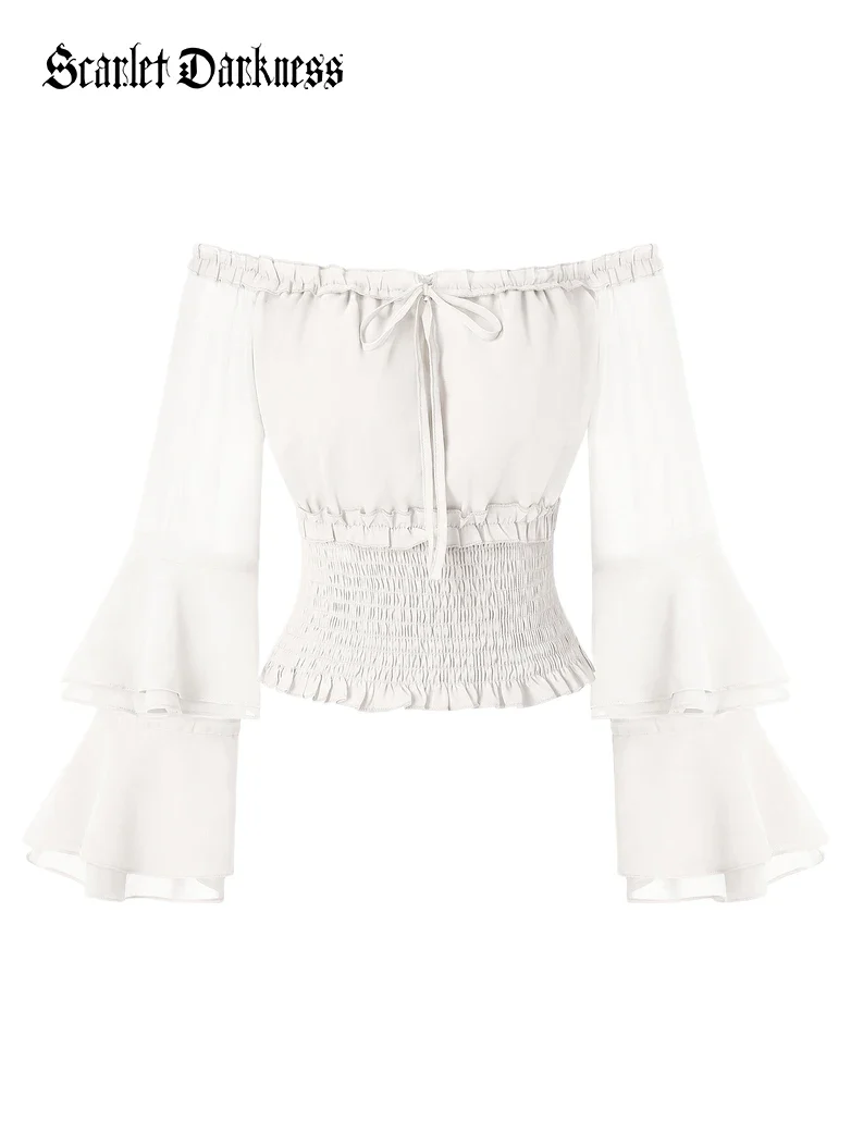 Women Renaissance Off Shoulder Smocked Waist Tops - Image 5