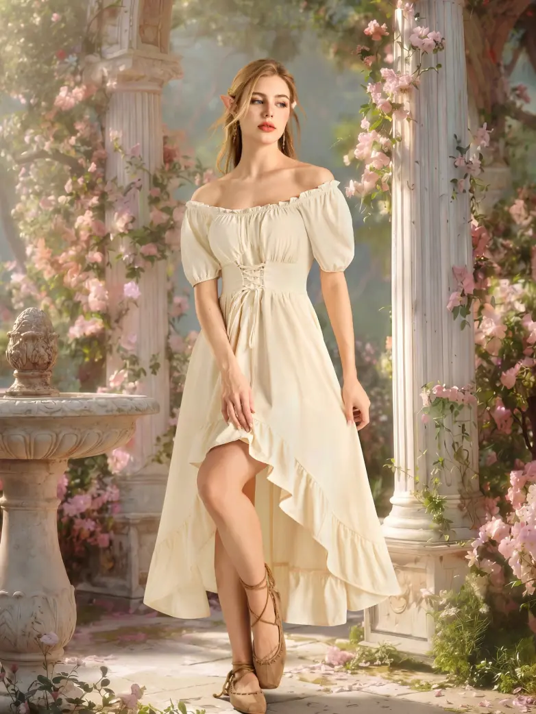 Summer Boho Off Shoulder Midi Dress With Lace Up Waist - Image 3